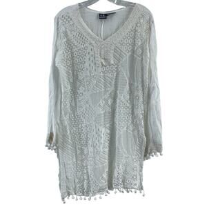 SR Fashion White Crochet Pom Pom Cotton Tunic Blouse Women’s Medium Preowned